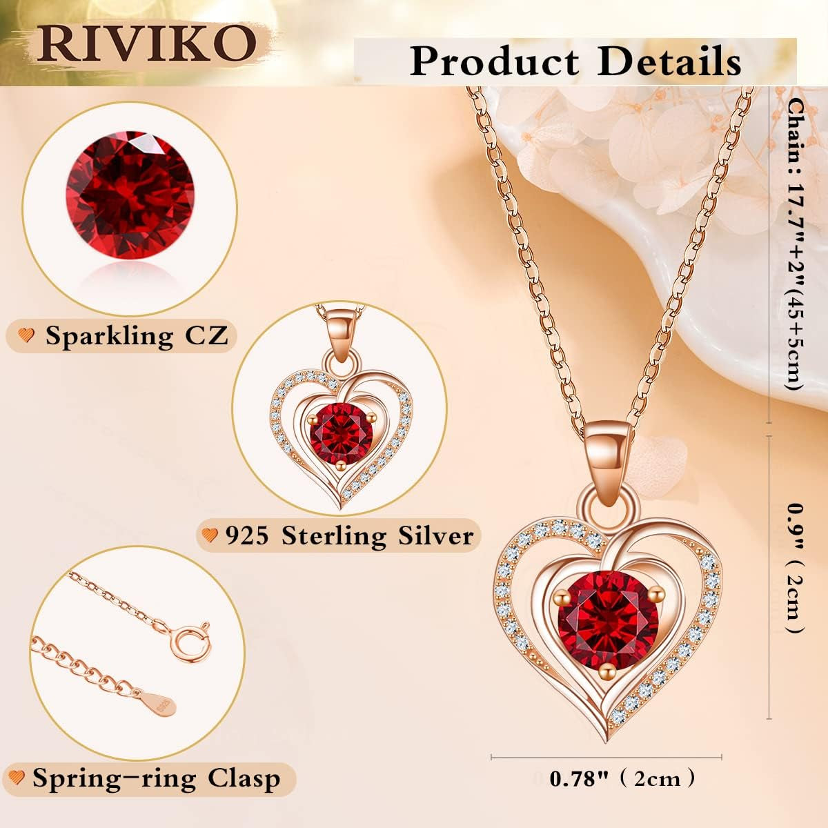 Heart Birthstone Pendant Necklace for Women 925 Sterling Silver Zirconia Necklaces Valentine'S Day Anniversary Birthday Mothers Day Jewelry Gifts for Her Mother Wife